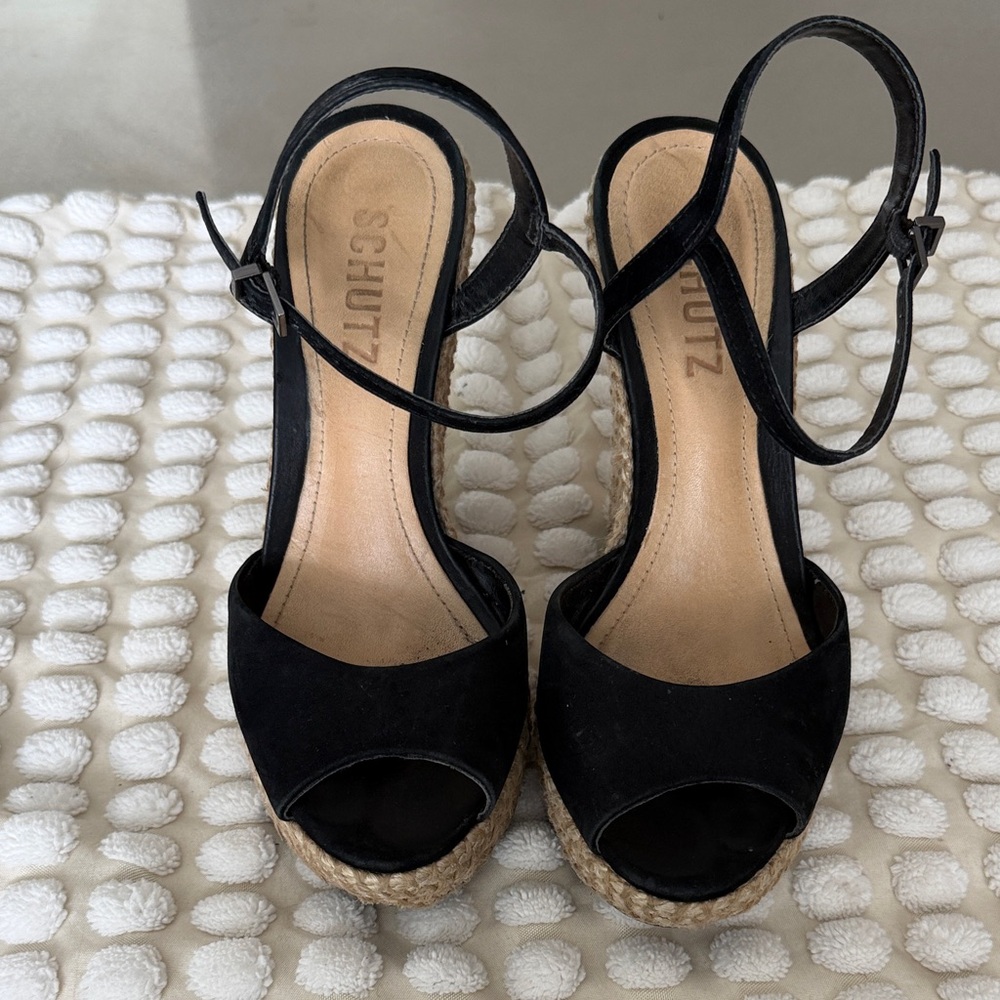 SCHUTZ Black Suede Espadrille Wedge Sandals with Ankle Strap